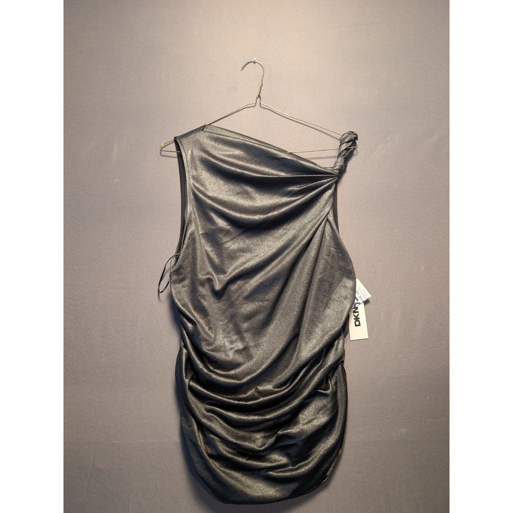 DKNY Womens Black Metallic Ruched Asymmetrical One Shoulder Mini Dress L